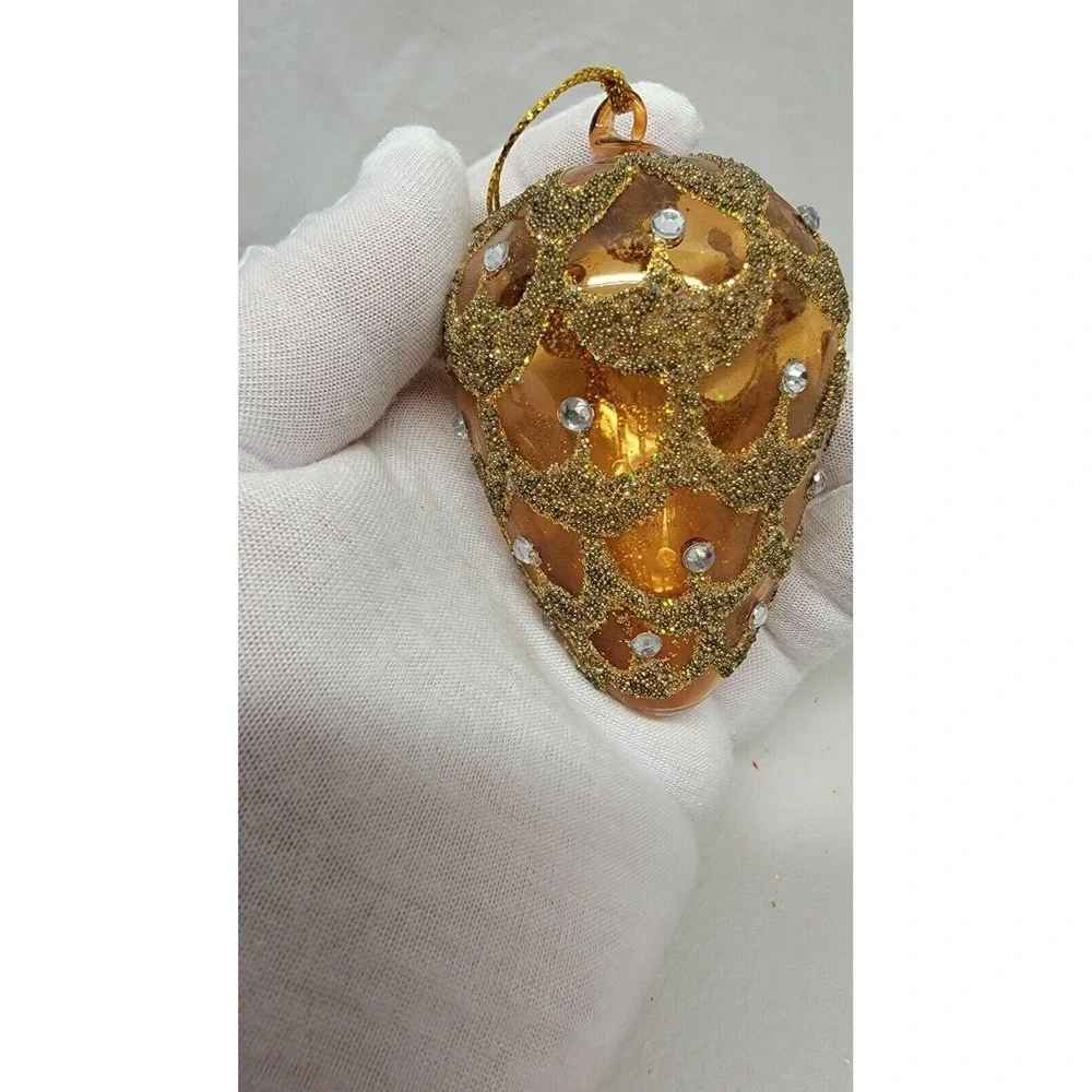 Vintage Poland Glass Pinecone Ornament Brown Gold Glitter Rhinestone 630t 1980